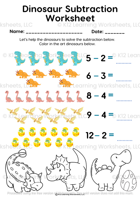 Dinosaur Subtraction Worksheet