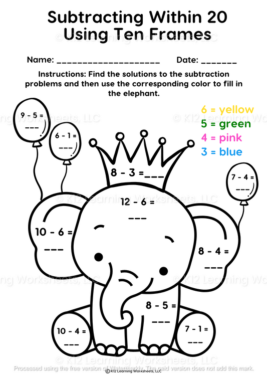 Subtraction Color by Number Elephant
